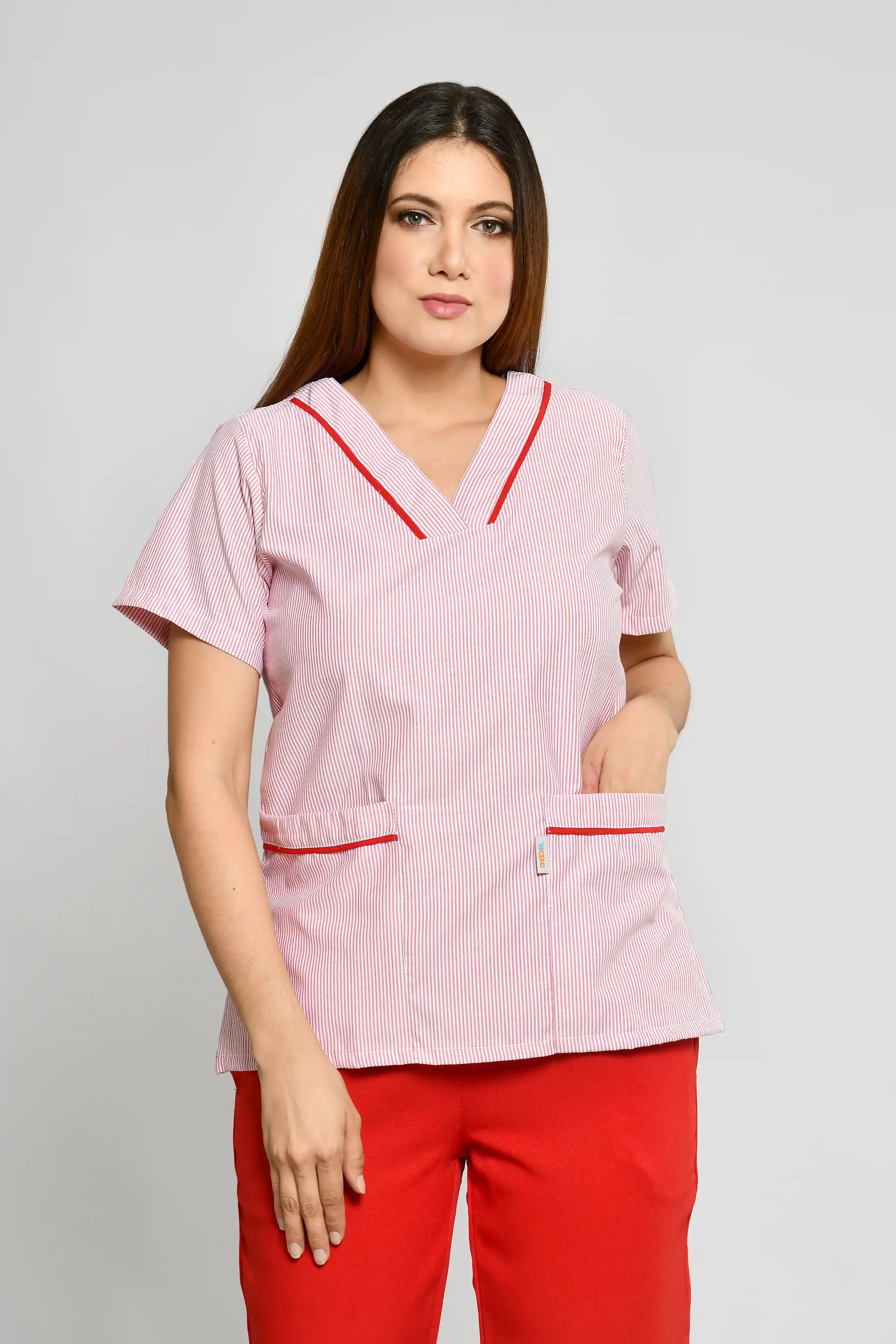 Uniforme Doméstico Oxford Rayas Rojas Conjunto con Bermuda - Vista 2